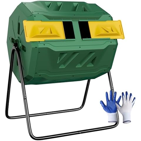 Saicool 43 Gallon Large Dual Chamber Composting Tumbler Outdoor Garden Rotating Compost Bin Tumbling Composter with Sliding Door, Green Cover