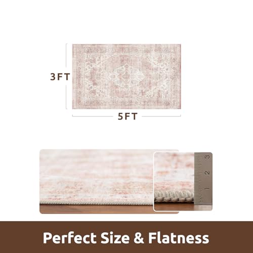 AMOAMI-3X5 Area Rug-Soft Washable Vintage Throw Accent Rugs for Living Room, Entryway, Bedroom, Kitchen, Bathroom, Laundry Room, Kitchen, Bathroom, Bedside, No Slip Pink