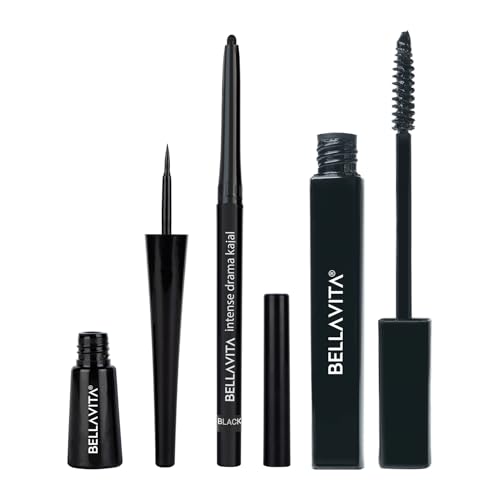 Image of BELLAVITA Matte Eye Know It All Combo Black | Intense Drama Waterproof Smudge Proof Kajal, Eyeliner, Mascara | Long Lasting, Enriched with Vitamin E & Almond Oil | Pack of 3