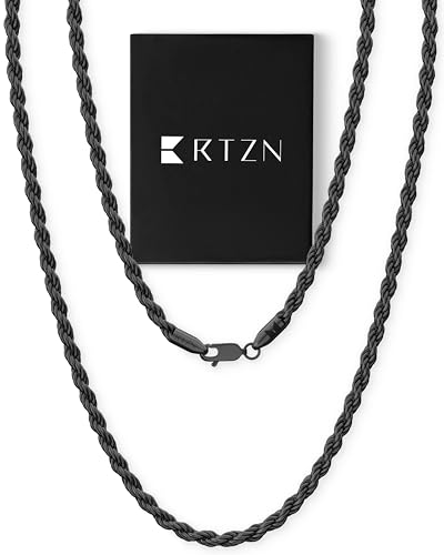 RTZN Black Rope Chain for Men 3mm Mens Chain Necklaces Premium Diamond-Cut Stainless Steel Black Rope Necklace for Men NON-TARNISH & 100% Waterproof Luxurious Mens Jewelry Necklace (22 Inches)