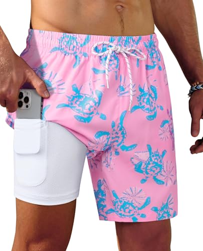 Image of Gleeease 7inch Mens Swim Trunks 2 in 1 with Compression Liner Pockets Drawstring Quick Dry Stretch Lined Funny Beach Pool
