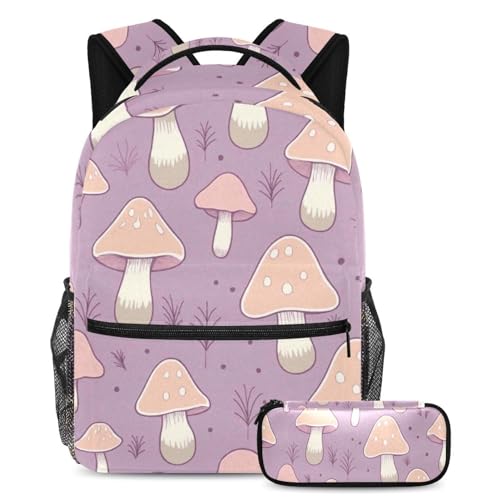 Sac à dos motif champignon violet et trousse à crayons ergonomique multicolore