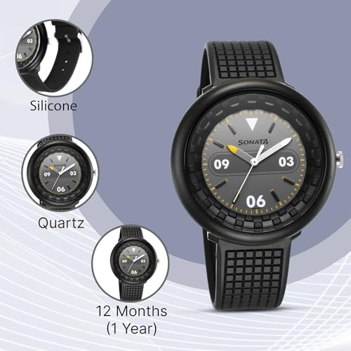 Image of Sonata Excl Fkt (F1 Plastics) Plain 3 Hands Grey Round Dial Black A1Polyurethane Strap Men's Watch - 77121PP03W