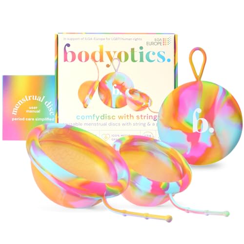 Bodyotics Proud Disco: 2 discos menstruales reutilizables (S y L) con cuerda extraíble para una fácil inserción y extracción, protección a prueba de fugas de 12 horas, silicona segura para el cuerpo e