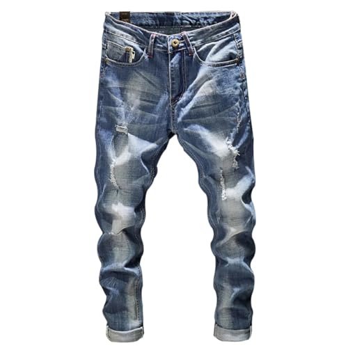 Men Light Blue Ripped Stretch Denim Jeans Wash Ruined Korean