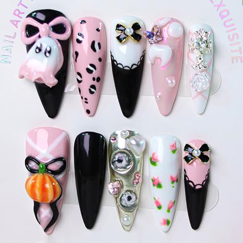 10Pcs Handmade Halloween Press on Nails Long Stiletto Fake Nails