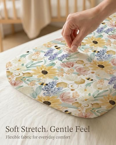 Image of Bassinet Sheets for Baby Girls Boys 2 Pack, Fitted Baby Mattress Sheet for Rectangle, Oval, Hourglass Bassinet Mattress, Breathable Cozy & Universal Fit (Golden Meadow, Bassinet Sheet)