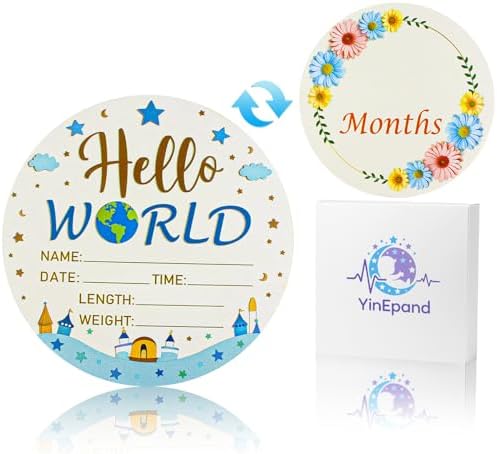 Baby Announcement Sign, 5.9 Inch Wooden Hello World Newborn Name Sign, Double Sided Baby Monthly Milestone Signs, Nursery Decor, Birth Announcement Sign for Welcome Newborn Boys Girls Photo Prop