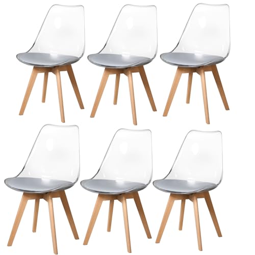 GrandCA HOME Juego de 6 sillas de Comedor Transparentes con 6 Unidades, Material PP Respetuoso con el Medio Ambiente/Cojines de Poliuretano (Cojines de Poliuretano Gris, 6)