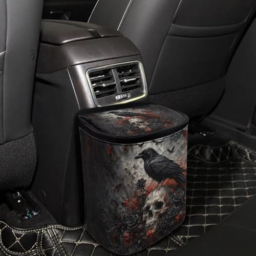 Image of Talayituse Gothic Crow Rose Skull Pattern Car Trash Can with Lid, Leak Proof Auto Trash Bag Hanging Vehicle Garbage Can Multipurpose Storage Container for Back Seat Road Trip Halloween Decor
