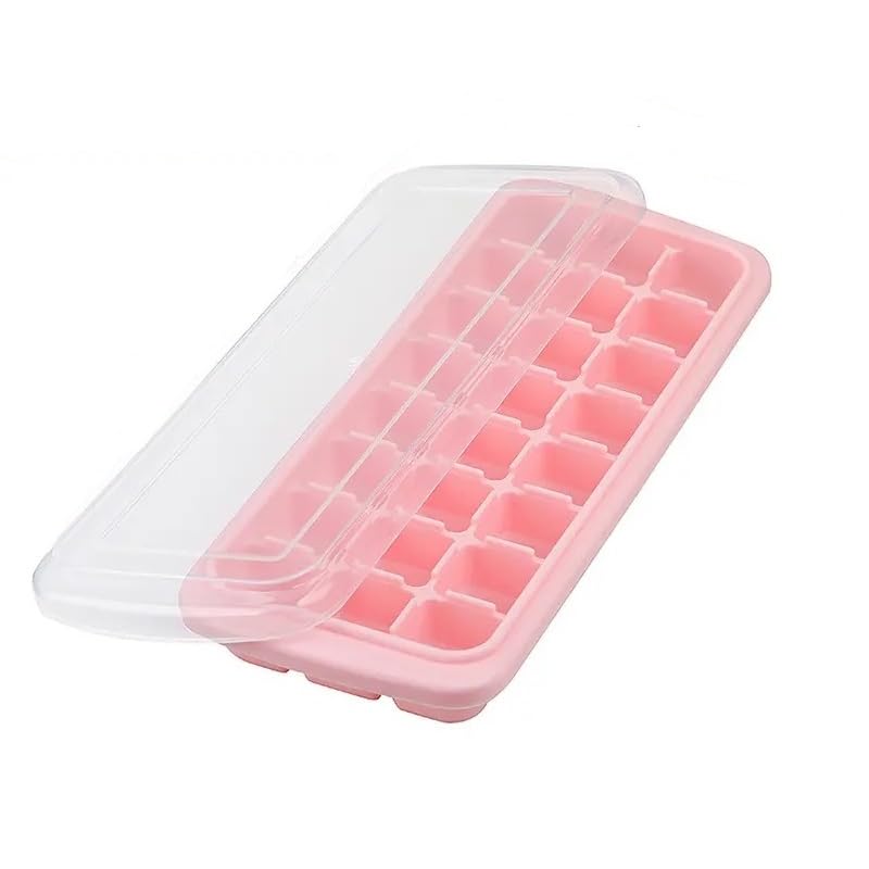 Image of Silicone Ice Cube Trays with Lid Cover, 24 Cavities Flexible Moulds for Freezer, Stackable, Multicolor, 1 Piece (Pink)