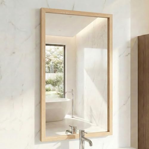 FurniXpress 24"x36" Natural Wood Tone Wall Mirror for Over Sink, Lightweight Boho Bathroom Vanity Mirror, Scandi Faux Wood Texture Decor Mirror for Entryway, Vertical/Horizontal