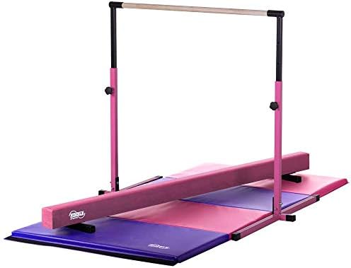 Nimble Sports Little Gym - Adjustable Gymnastics Bar - Pink Suede Balance Beam - Pink and Purple Gymnastics Tumble Mat