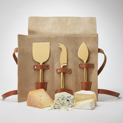 Cheese Knife Set for Charcuterie Board – 3-Piece Gold Stainless Steel Cheese Knives with Leather Pouch – Elegant Charcuterie Tools, Utensils Set