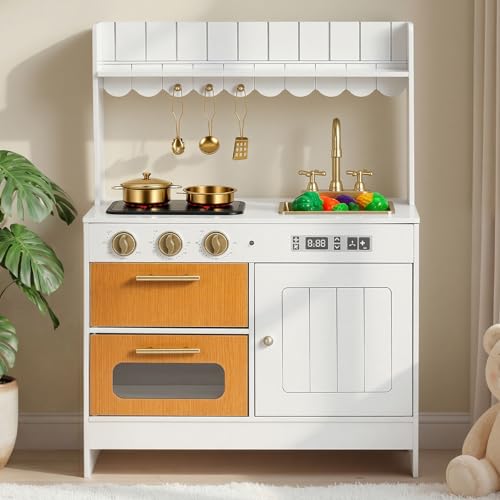 Image of VEVOR Play Kitchen for Kids, Wooden Kids Kitchen Playset with Real Lights & Sounds, Food & Cookware Accessories, Pretend Play Toy Set, Sink, Oven, Stove, Cabinet, for Toddlers, Girls & Boys Ages 3-8