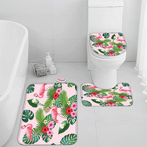 Zifarm Badematte rutschfeste 50x80 cm Flamingo Badvorleger-Set 3D Drucken Palmblätter Rosa Blumen Mikrofaser Flanell…