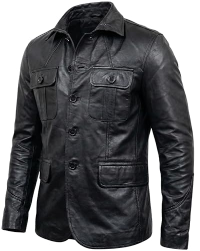 Image of Men's Leather Blazer - Lambskin Leather Blazer Men Genuine Leather Jacket Blazers - Men's Real Leather Sport Coat Black