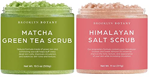 Brooklyn Botany Himalayan Salt Body Scrub and Matcha Body Scrub - Moisturizing and Exfoliating Body, Face, Hand, Foot Scrub - Fights Fine Lines, Wrinkles - Great Gifts for Women & Men - 10.5 oz
