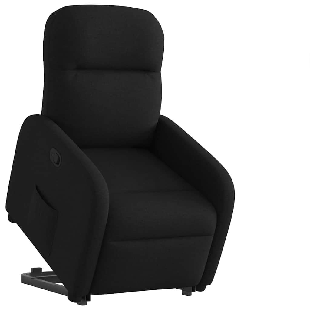 Sillón elevador eléctrico reclinable de tela negra con elevación automática y respaldo manual, cómodo asiento acolchado y marco estable, ideal para personas mayores
