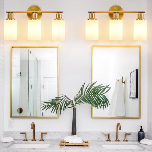 Image of DLLT 3-Light Bathroom Light Fixtures: Gold Modern Vanity Lights with E26 Bulbs - Milky White Glass Shade Bathroom Wall Lamp for Mirror Kitchen Living Room Hallway Cabinet Porch