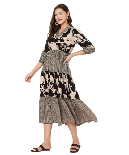 Image of PIDAVLIYA'S Women's Floral Summer Maxi Dress I Cotton Printed I One Piece Bodycon Midi Dress with V-Neck, Puffed Sleeves
