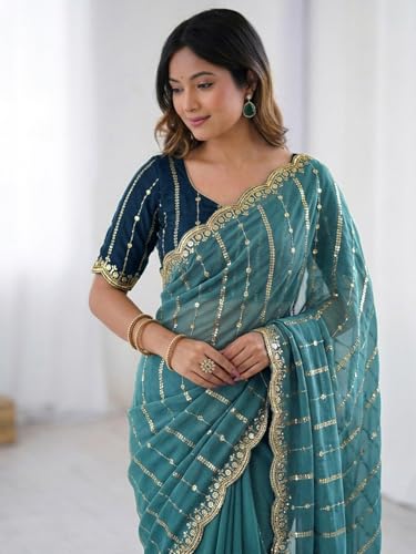 Image of SIRIL Women's Shimmer Georgette Scalloped Border Sequins Embroidery Saree with Unstitched Blouse Piece
