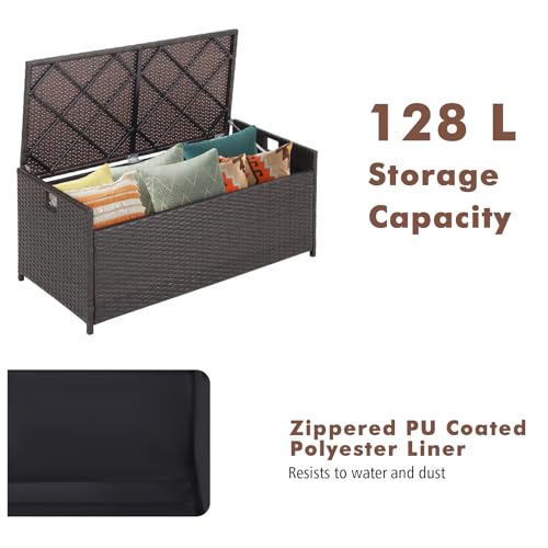 GiantexUK 128L Garden Storage Box, Weatherproof Rattan Deck Box with Seat Cushion, Zippered Liner & Handles, Outdoor Sit On Utility Chest Container for Patio Pillows Tools Toys - Image 2