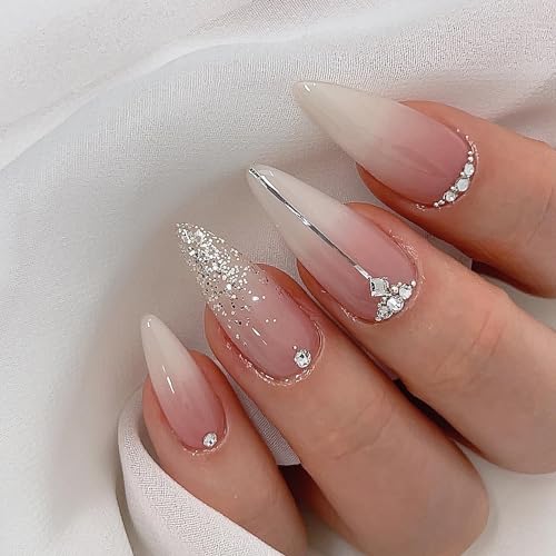 Press on Nails Long Almond Nails Milk White Gradient False Nails ...