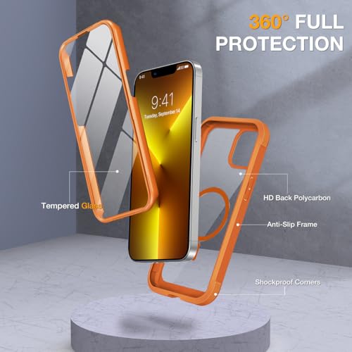 Image of Miracase for iPhone 13 Pro Case 6.1 inch,Full-Body Protection,Clear Bumper Case with Built-in 9H Tempered Glass Screen Protector,Military-Grade Drop Protection Outdoor Phone Case for iPhone 13 Pro,Orange