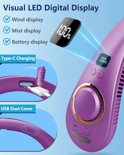 Image of Portable Misting Neck Fans with Water Spray, Rechargeable Long Battery Life, Powerful Air Cooler with LED Display, Personal Compact Wearable Necklace Fan for Kids Adults Elderly Hot Weather, Purple