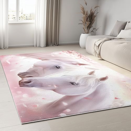 Matta med kort lugg djur körsbärsblomma hästmotiv tvättbar matta kök sovrum vardagsrum moderna halkfria mattor ljusrosa tryckt matta av ullimitation 60 x 90 cm
