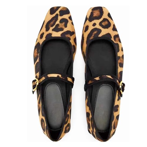 Women's Leopard Print Mary Jane Flats Square Toe Bow Tie Ballet Flats for Women Buckle Strap Comfortable Ballerina Shoes4