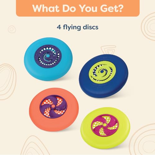 Image of B. toys Flying Disc Set, Disc-Oh! 4 Colorful Frisbees, 4 Discs, Summer | 4 flying discs with spinning centers for backyard, park, beach, and camping play; easy for little hands, 4 Discs; 4+ Years