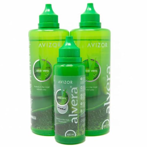 Avízor Alvera - Soluzione per Lenti a Contatto con Aloe Vera - Confezione 2x350ml + Flacone da 100ml Ideale per Viaggi - Pulizia e Disinfezione delle Lenti con Aloe Vera