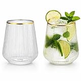 36 Count Origami Ripple Unbreakable Stemless Plastic Wine Champagne Whiskey Glasses Elegant Durable Disposable Indoor Outdoor Ideal for Home, Office, Bars, Wedding, Ribbed 12 Ounce Cups (Gold Rim)