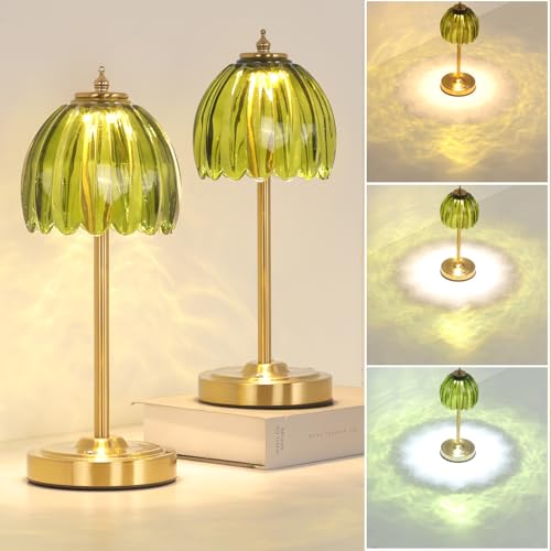Image of Shenmoyl Set of 2 Tulip Table Lamp with 5000mAh Battery & Touch Control, Cordless Table Lamp with 3 Colors, Dimmable Rechargeable Table Lamps for Bedroom, Living Room, Entryways (Green Tulip)