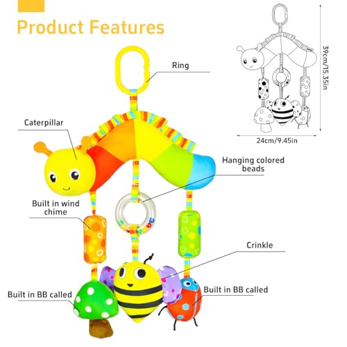 Image of SNOWIE SOFT Baby Toys for 6 to 12 Months Cartoon Bee Caterpillar Snail Stuffed Stroller Toy with Squeaky Device, Colorful Sensory Toys Hanging Soothing Toy for Stroller, Crib New Norn Baby Gifts