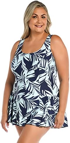 Maxine Of Hollywood Women's Seam Front Swim Dress One Piece Swimsuit, Indigo//Coastal Palm, 18W