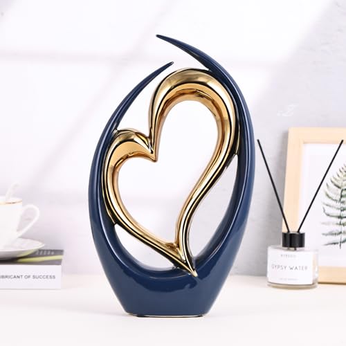 Estatua decorativa de corazón de cerámica azul y oro miniatura 6