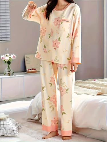Image of GLASGO Women's Cotton Pajama Set with Top & Pants|| Korean Night Wear|| Loose Fit Home Wear || Lightweight Printed Set || Soft & Comfy Sleepwear for Girls & Women || LNS-4-$