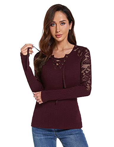 Image of AmelieBoutik Women Floral Lace Inset Lace Up Ribbed Long Sleeve Knit Top