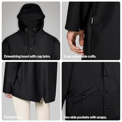 Image of RAINS Waterproof Jacket - Hooded Lightweight Raincoat, Men and Women | Waterproof PU rain jacket for men and women; 5000 mm water column, welded seams, hood with cap, snap placket, fishtail hem