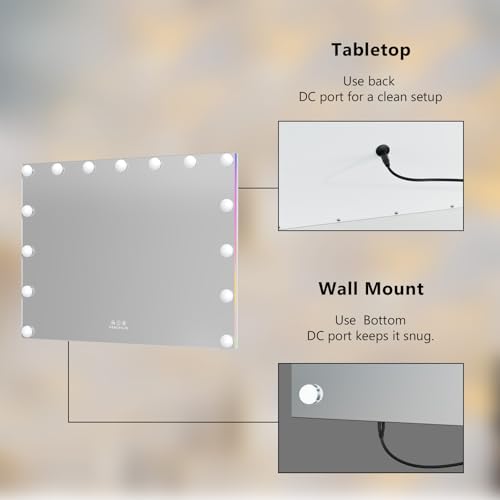 FENCHILIN Hollywood Espejo con RGB Espejo de Maquillaje con Iluminación con 15 Regulable 3 Modos de Luz Hollywood con Iluminación 10x Aumento HD Vidrio Templado Blanco 58 cm x 46 cm - imagen 7