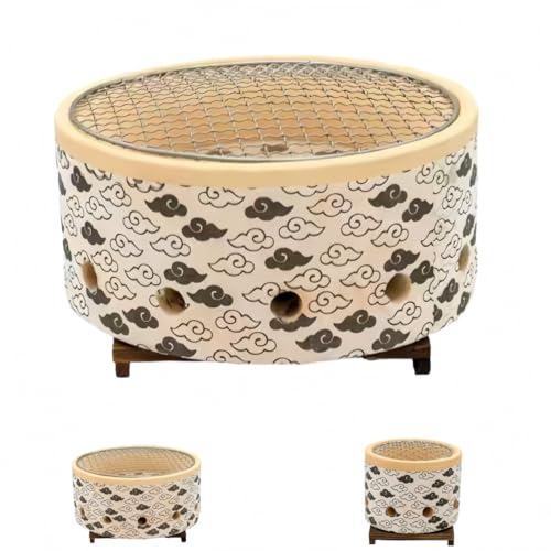 ShineLuxe小型ラウンドBBQグリル 日本製珪藻土&粘土セラミック|七輪風耐火ボウル 卓上コンパクト ソロ焚き火対応 焼き台機能 炭火焼き最適化 キャンプ・家庭用ポータブル (25*12cm)