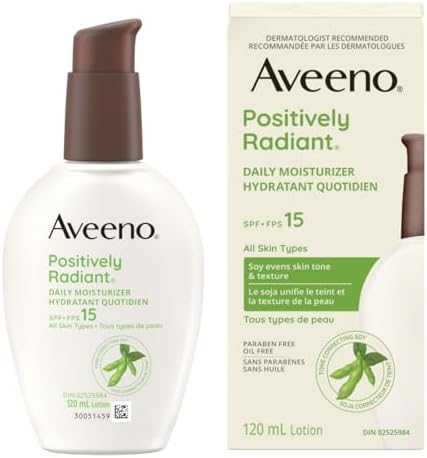 Aveeno Positively Radiant Daily Moisturizer SPF 15, Dry Skin Lotion, Face Cream, Hypoallergenic, Soy Formula, 120-mL, Pack of 1