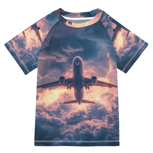 Jucciaco Boys Swimsuit Airplane Flying Aircraft Lightning Sunscreen Kids Sun Rashguard Short Sleeve T-Shirts Swimwear Sets UPF 50+ Multicoloured