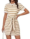 GRACE KARIN Women Elegant Kurzarm Sommerkleid Casual Rundhals Mini Kleid Streifen Freizeitkleid Beige-braune Streifen S