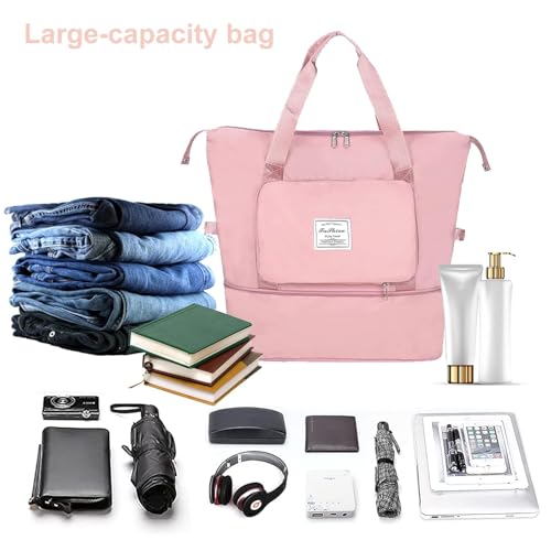 Image of Large Capacity Folding Travel Tote Bag, Oxford Fabric Waterproof Lightweight Foldable Travel Duffel Bag, Portable Expandable Travel Bag, Dry and Wet Separation Carry On Bag for Airplanes (bright pink)