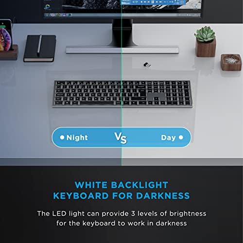 Seenda Wireless Illuminated Keyboard with White Backlight, 2.4G Cordless Rechargeable Keyboard with 1600mAh Battery Full Size UK Layout QWERTY for PC Computer Laptop Desktop Windows Mac OS, Dark Grey