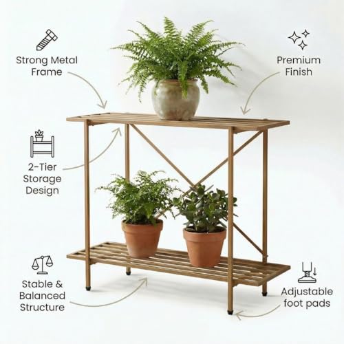 Image of ecofynd Adam Plant Stands for Outdoor Balcony, Flower Pot Stand for Indoor Plants, Large Metal Planter Stand for Living Room, home decor, Indoor & Outdoor plants, 2 Tier, (26 Inch, PS049-GO)